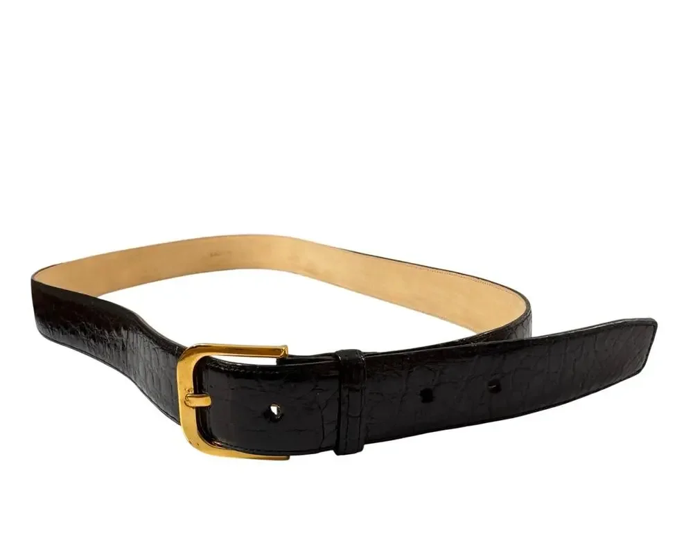 T. Anthony Men French Calf Belt Black Alligator Embossed Leather Gold Buckle 38